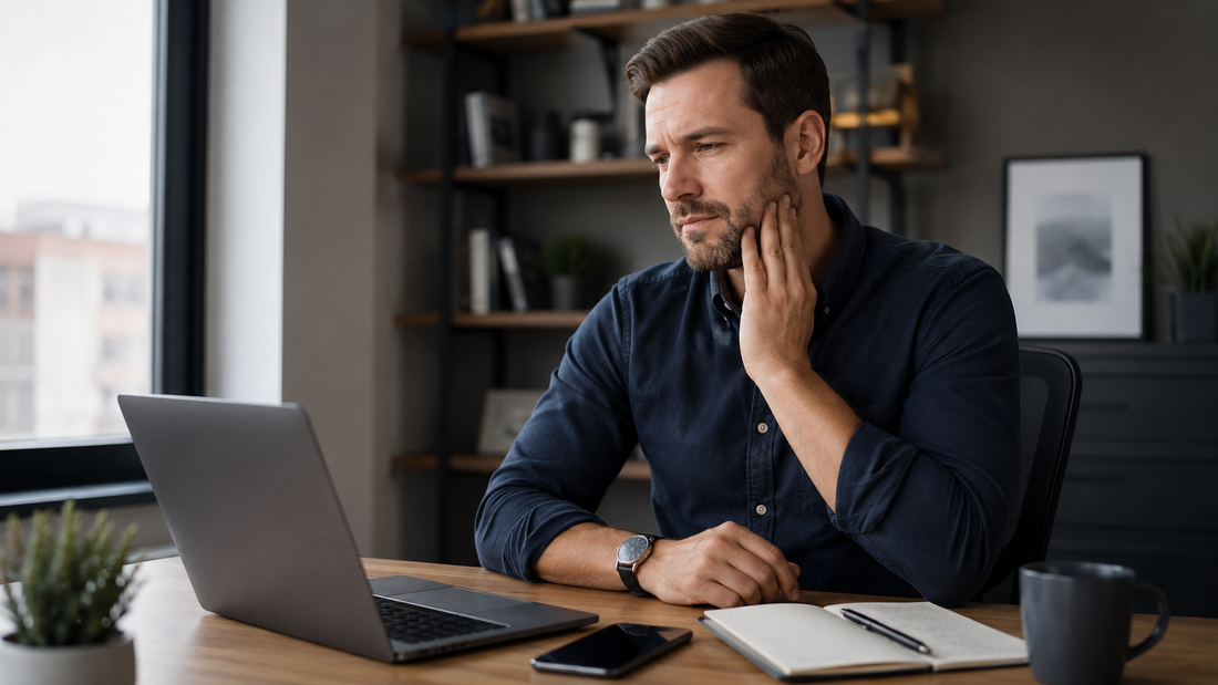 Male professional at a desk noticing jaw clenching during the workday.