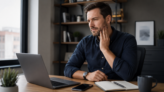 Male professional at a desk noticing jaw clenching during the workday.